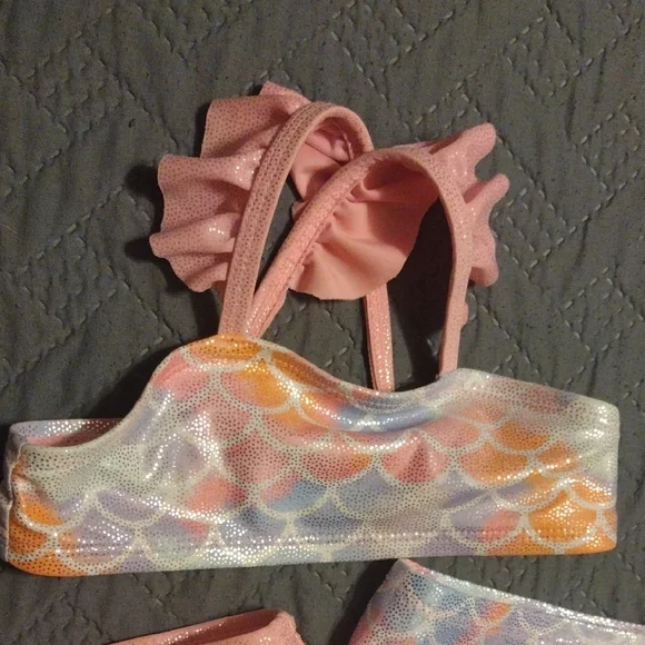 Pink and Multicolor Kids Mermaid Bikini 3 Pc Set. - Picture 2 of 7